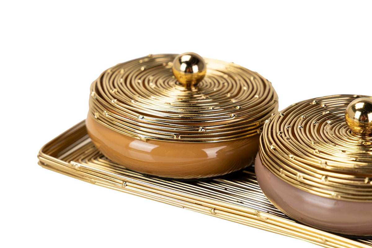 Set 3 Scatole Ciotole Decorative con Vassoio Oro 34 x 13 x 7 cm