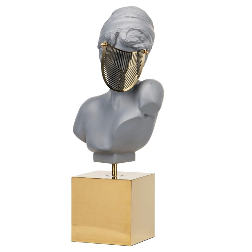 Scultura Decorativa Busto Classico con Maschera Oro In Resina 25x17x49 CM
