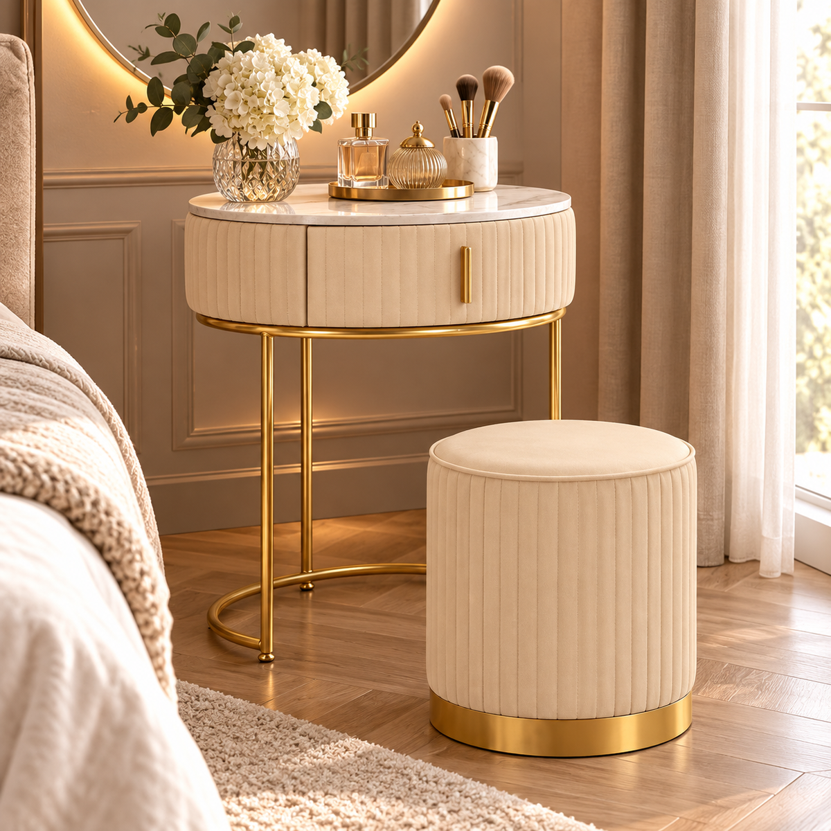 Comodino Toeletta Pok con Pouf Ø52x70 cm Beige e Oro