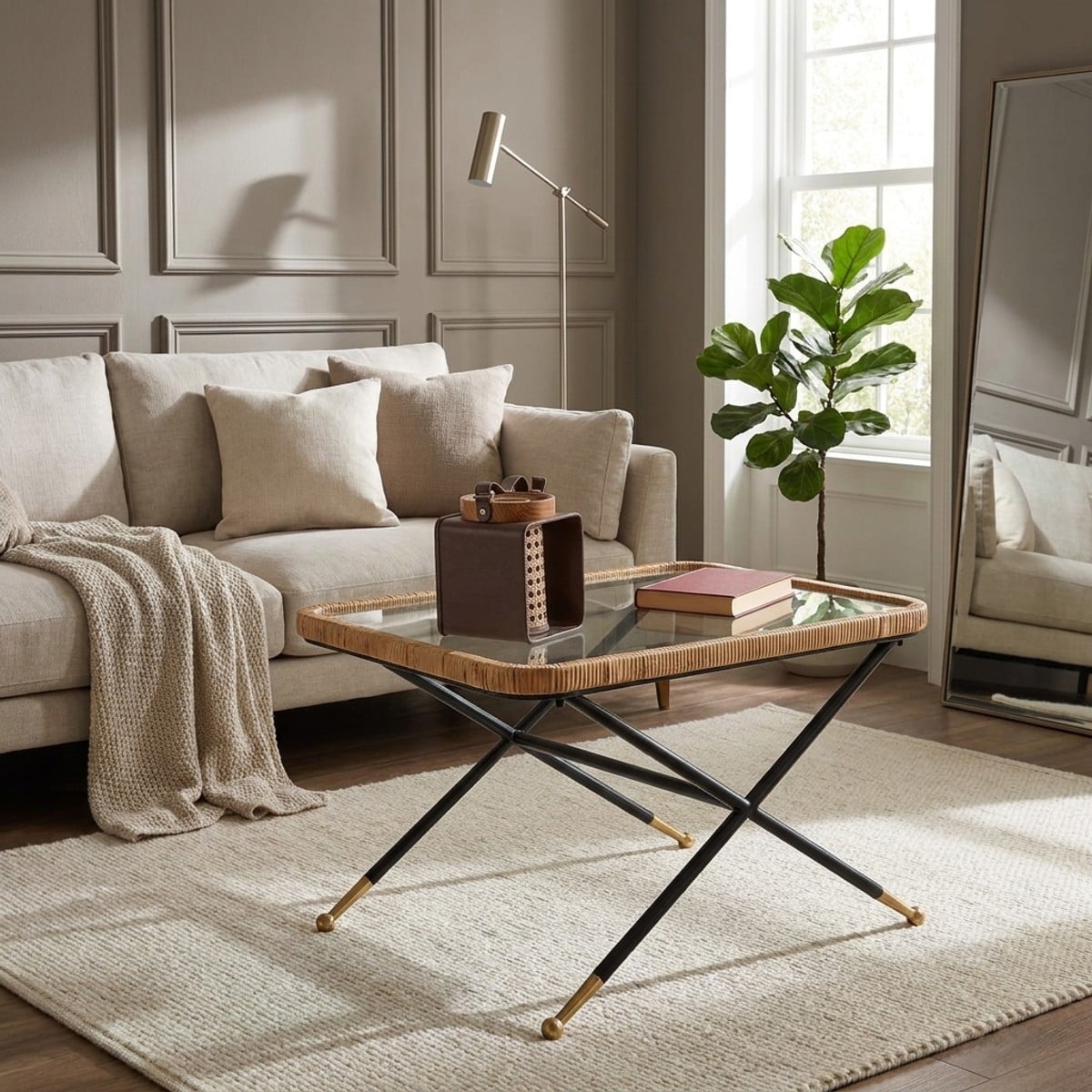 Tavolo da Caffè Saint Barth 70x50x45 cm in Metallo, Vetro e Rattan