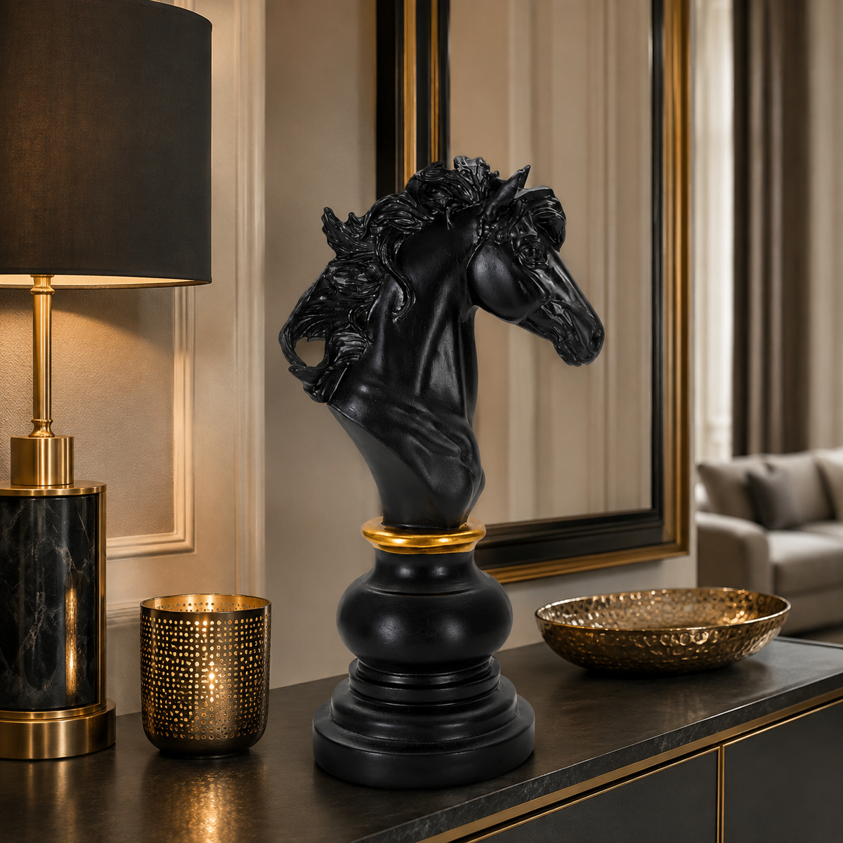 Statuetta Decorativa Cavallo Scacchi Nero e Oro 14 x 11 x H27 cm