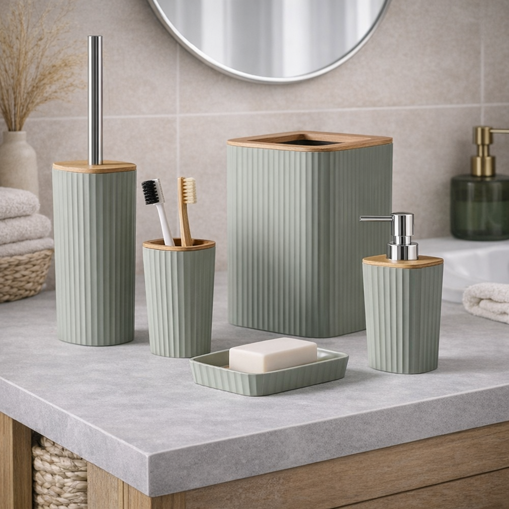 Set Appoggio Bagno 5 Pezzi Verde Show in Plastica e Bamboo Accessori Moderni