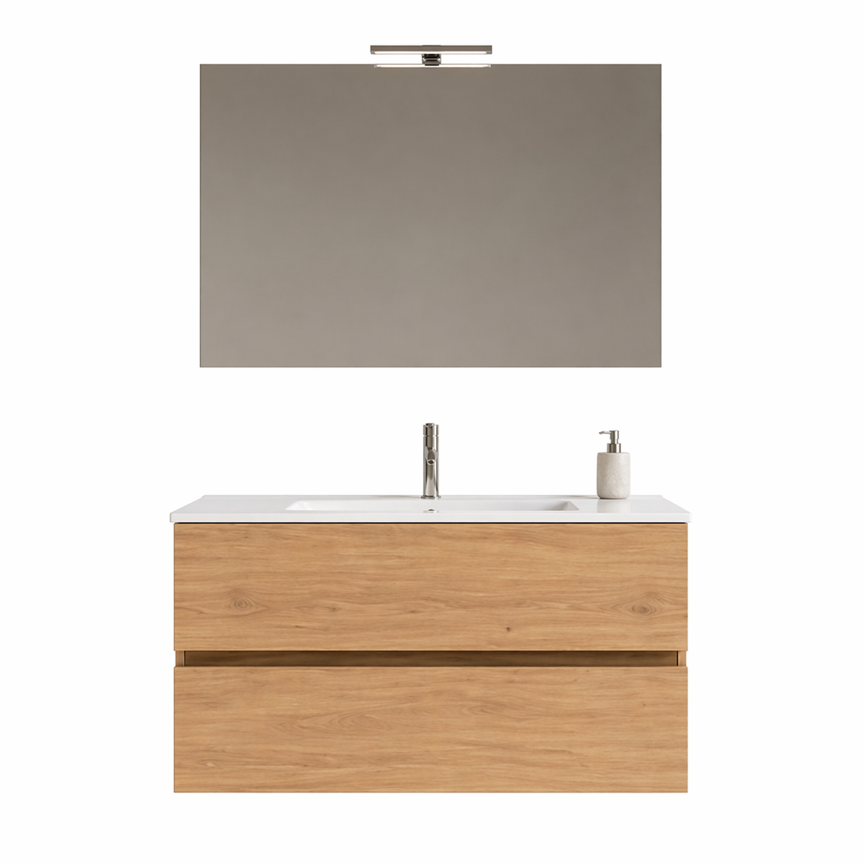 Mobile Bagno Sospeso Easy 2 Cassetti 100 cm Rovere Naturale con Specchio e LED