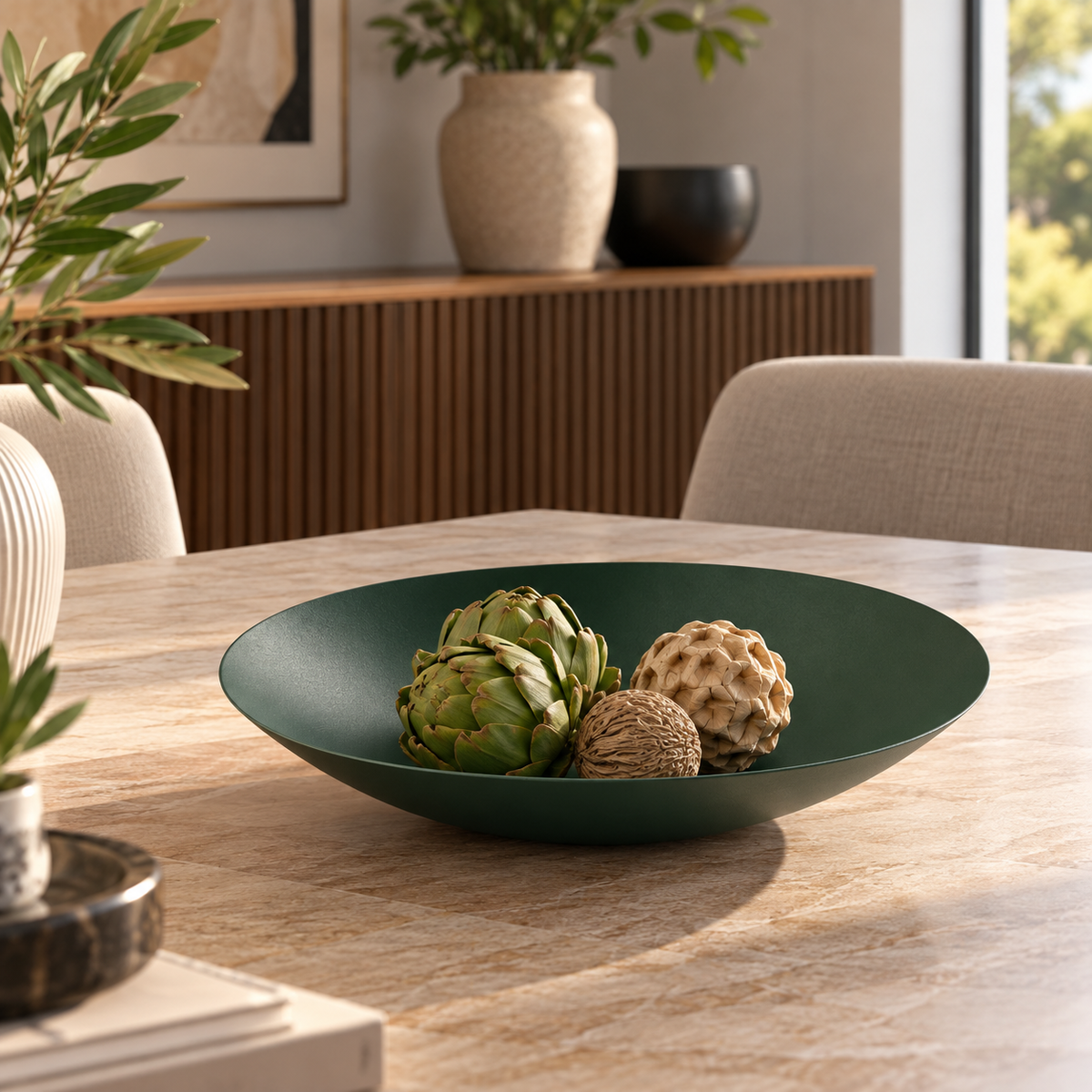 Centrotavola Moderno in Metallo Verde 27 cm Vassoio Decorativo Minimal