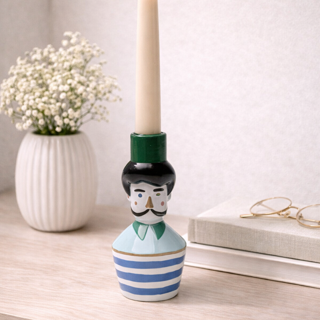 Portacandela Decorativo Marinaio Monsieur Mustache 16cm In Poliresina