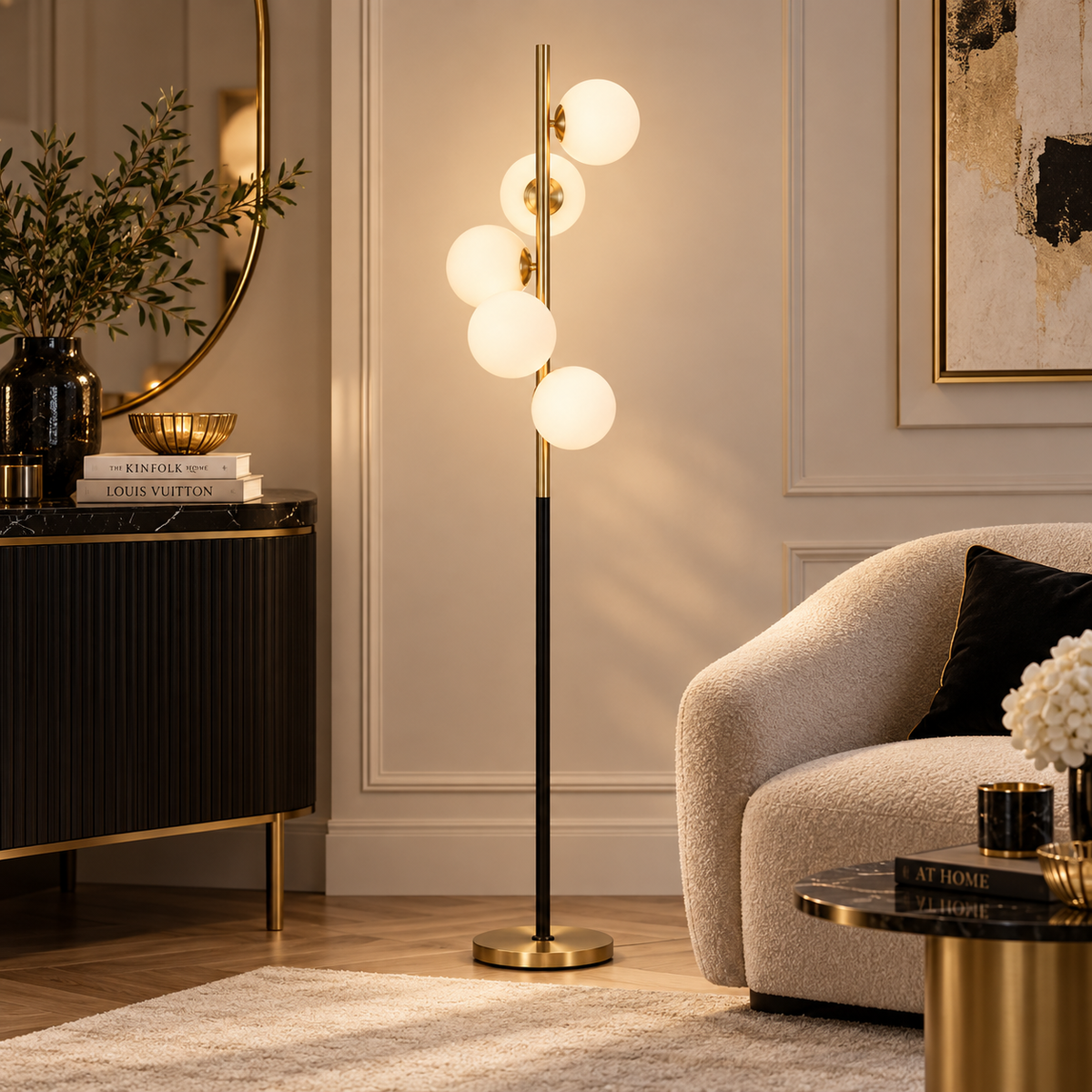 Lampada da Terra Glamy Dark Ø30x160 cm Nero e Oro con 5 Sfere in Vetro
