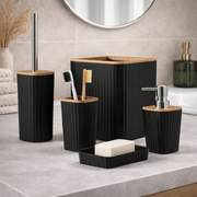 Set Appoggio Bagno 5 Pezzi Nero Show in Plastica e Bamboo Accessori Moderni