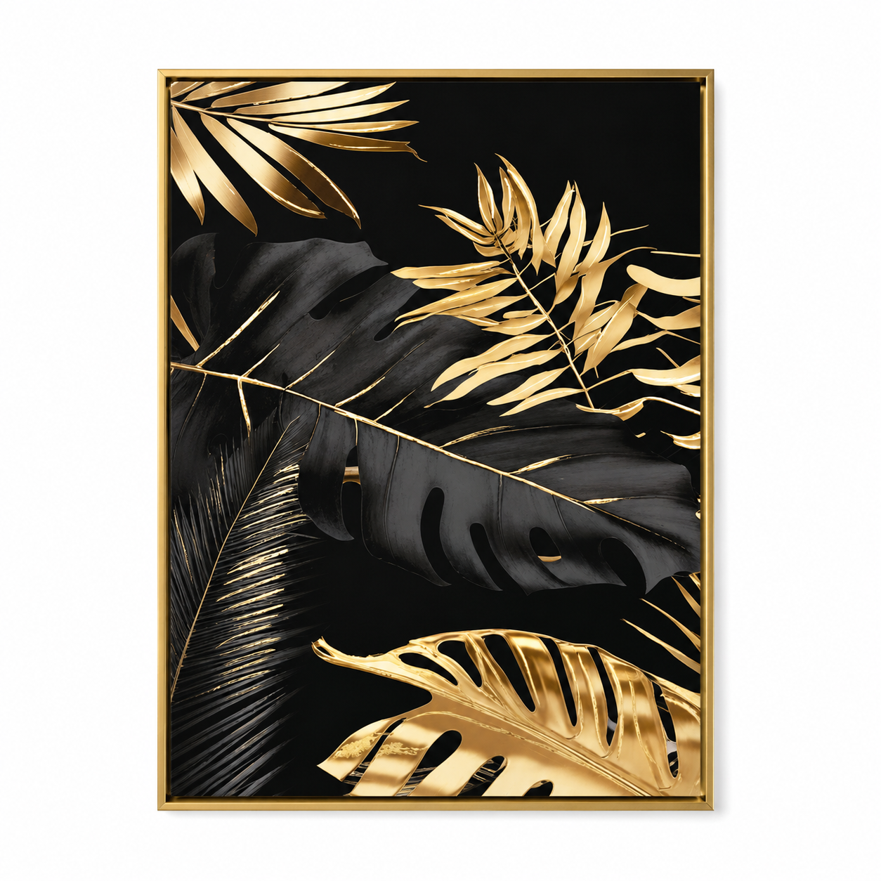 Set 3 Quadri Decorativi Foglie Tropicali Oro e Nero con Cornice Oro 50 x 70 cm