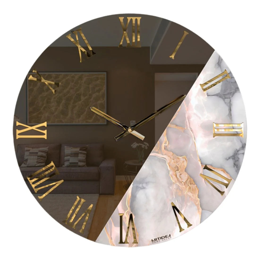 Orologio da Parete Specchio Giada Cipria Ø60 cm con Effetto Marmo e Dettagli Oro