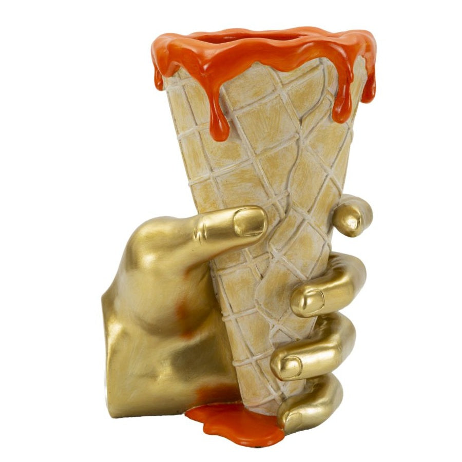 Vaso Cono Portafiori con Mano Dorata e Glassa Arancio 26 cm in Poliresina