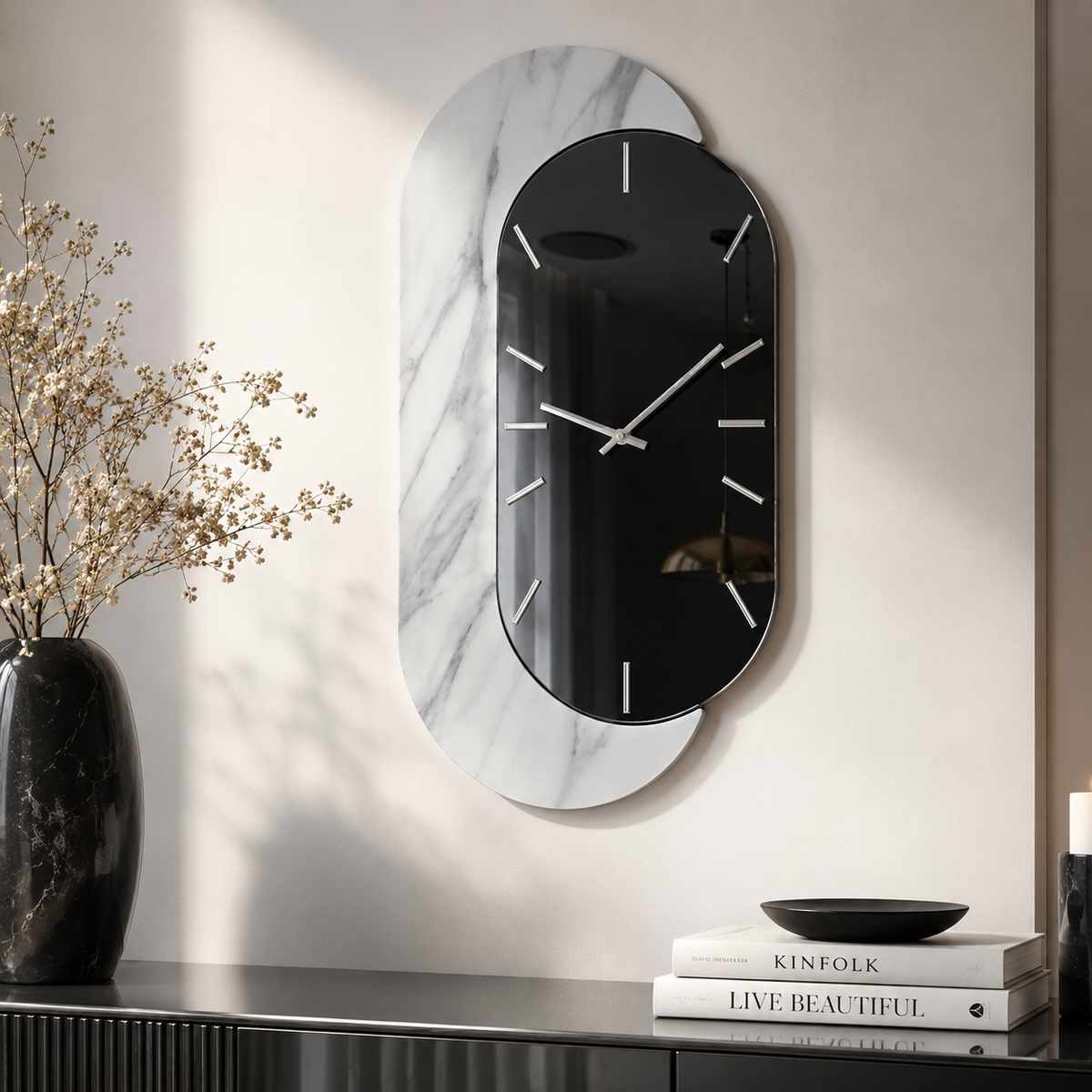 Orologio da Parete Nora Grigio con Specchio e Dettagli Marmo 48 x 95 cm