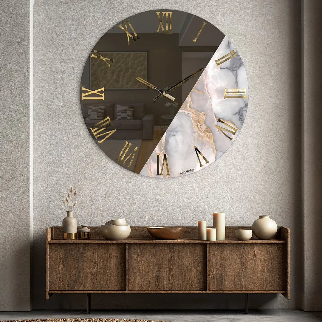 Orologio da Parete Specchio Giada Cipria Ø60 cm con Effetto Marmo e Dettagli Oro