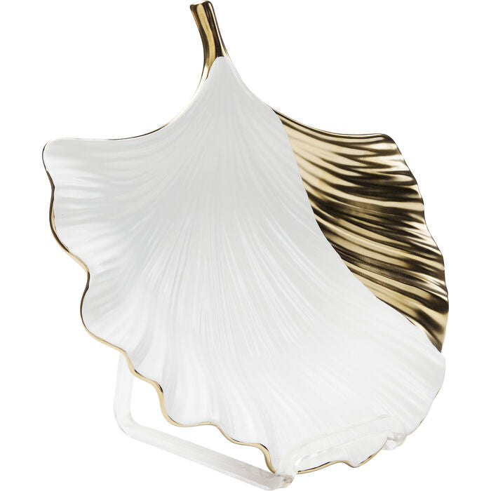 Centrotavola Decorativo Ginkgo Elegance Side in Ceramica Bianco e Oro