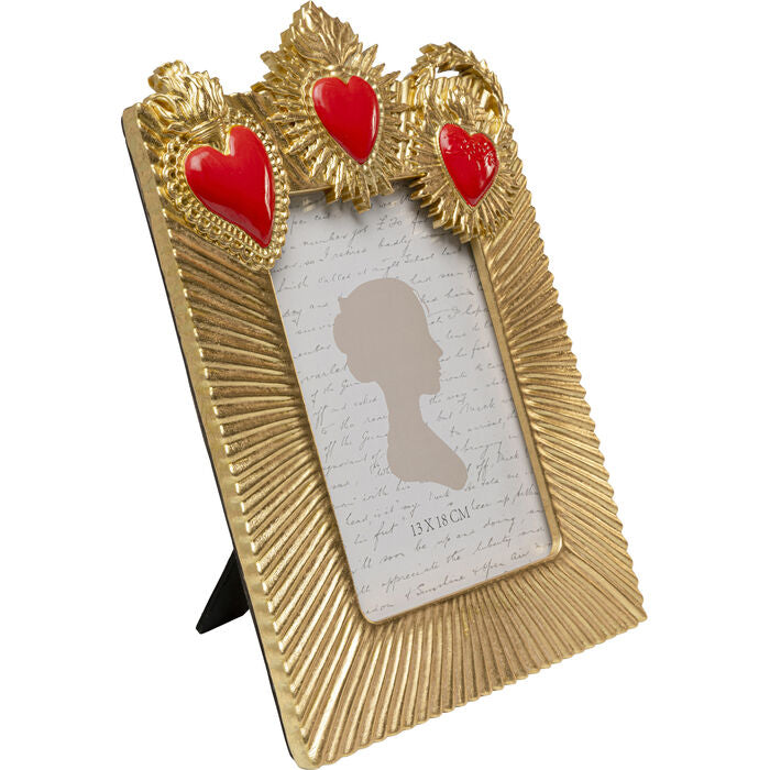 Cornice Portafoto Flaming Heart Tre Cuori 13x18cm Sacro Cuore In Oro