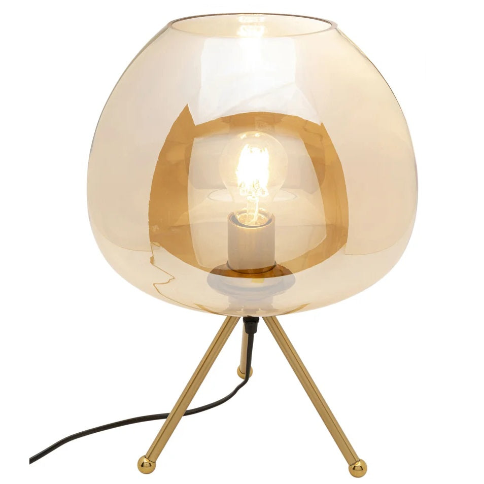 Lampada da Tavolo Sphere Sfera in Vetro Ambra con Base in Metallo Oro