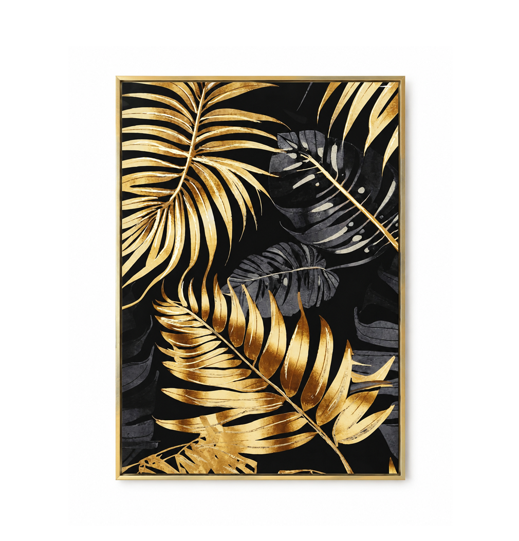 Quadro Decorativo Foglie Tropicali Oro e Nero con Cornice Oro 50 x 70 cm PA/F1001 B/R