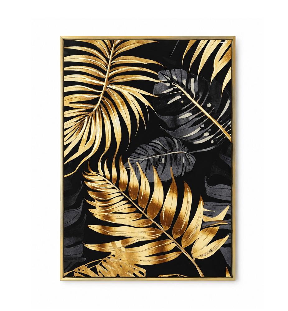 Set 3 Quadri Decorativi Foglie Tropicali Oro e Nero con Cornice Oro 50 x 70 cm
