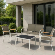 Set Salotto da Giardino 4 Pezzi Menton Bianco Beige con Tavolo in Vetro