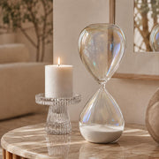 Set Decorativo con Clessidra in Vetro Bianco Perla, Candela e Portacandela Trasparente