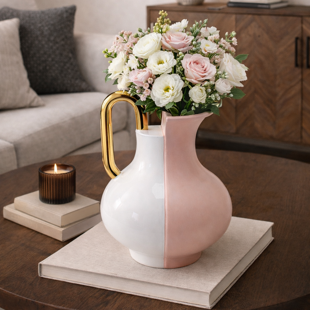 Vaso Decorativo Stage Bicolore Rosa e Bianco con Manico Oro 18cm