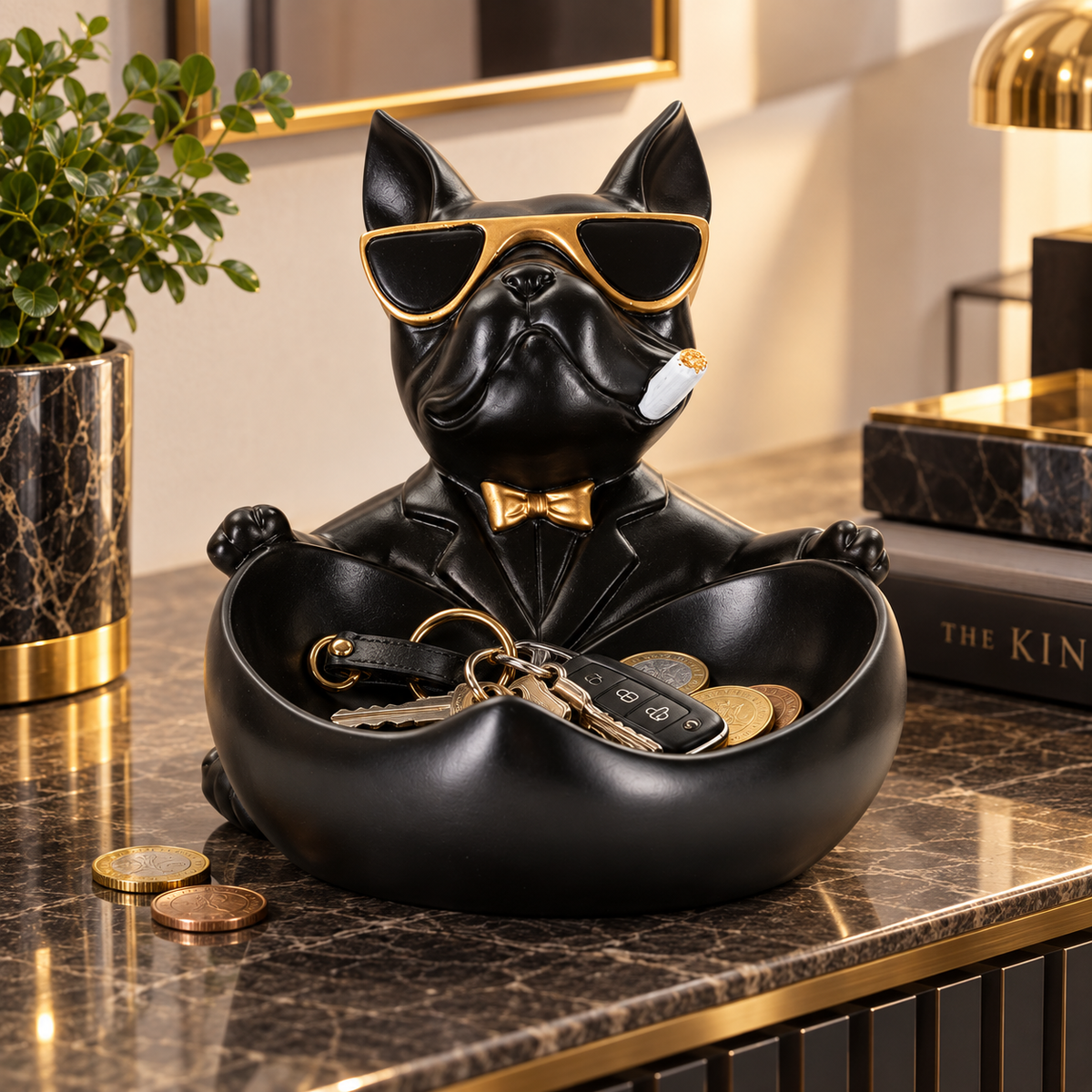 Svuotatasche Cane Ball Nero e Oro 18,5x20,5x20 cm in Poliresina Portaoggetti Decorativo