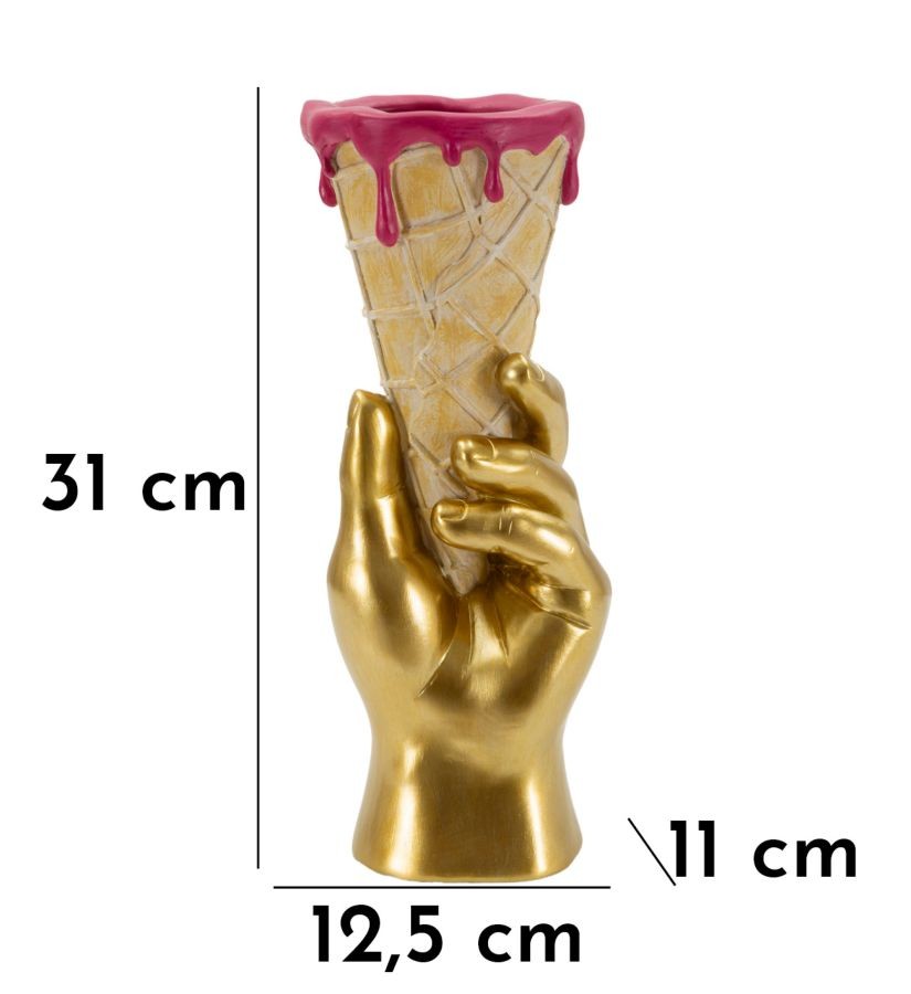 Vaso Decorativo Mano con Cono Gelato in Poliresina Oro e Rosa 31 cm
