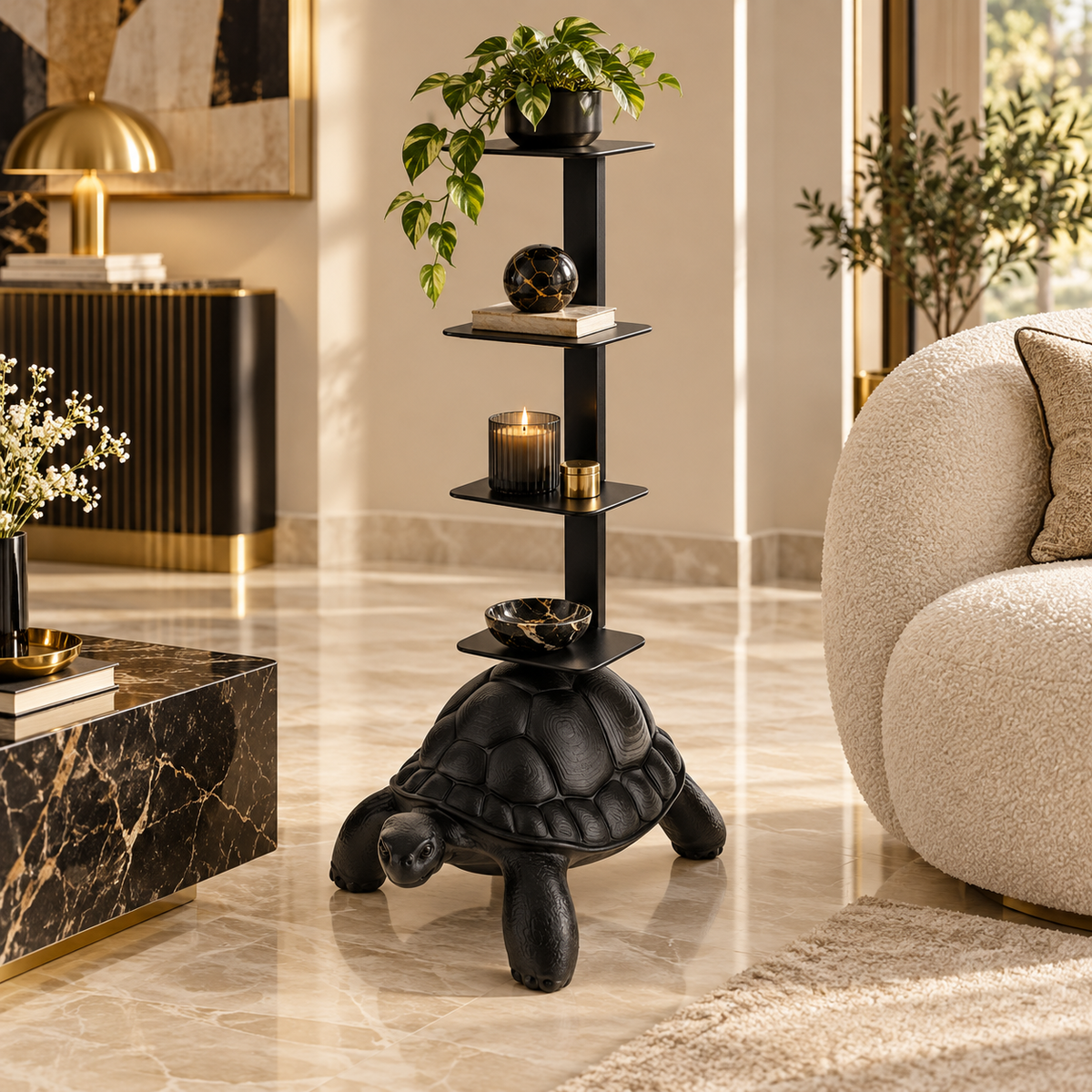 Libreria Turtle Carry Nera H 93 cm con 3 Ripiani Design Scultura Tartaruga