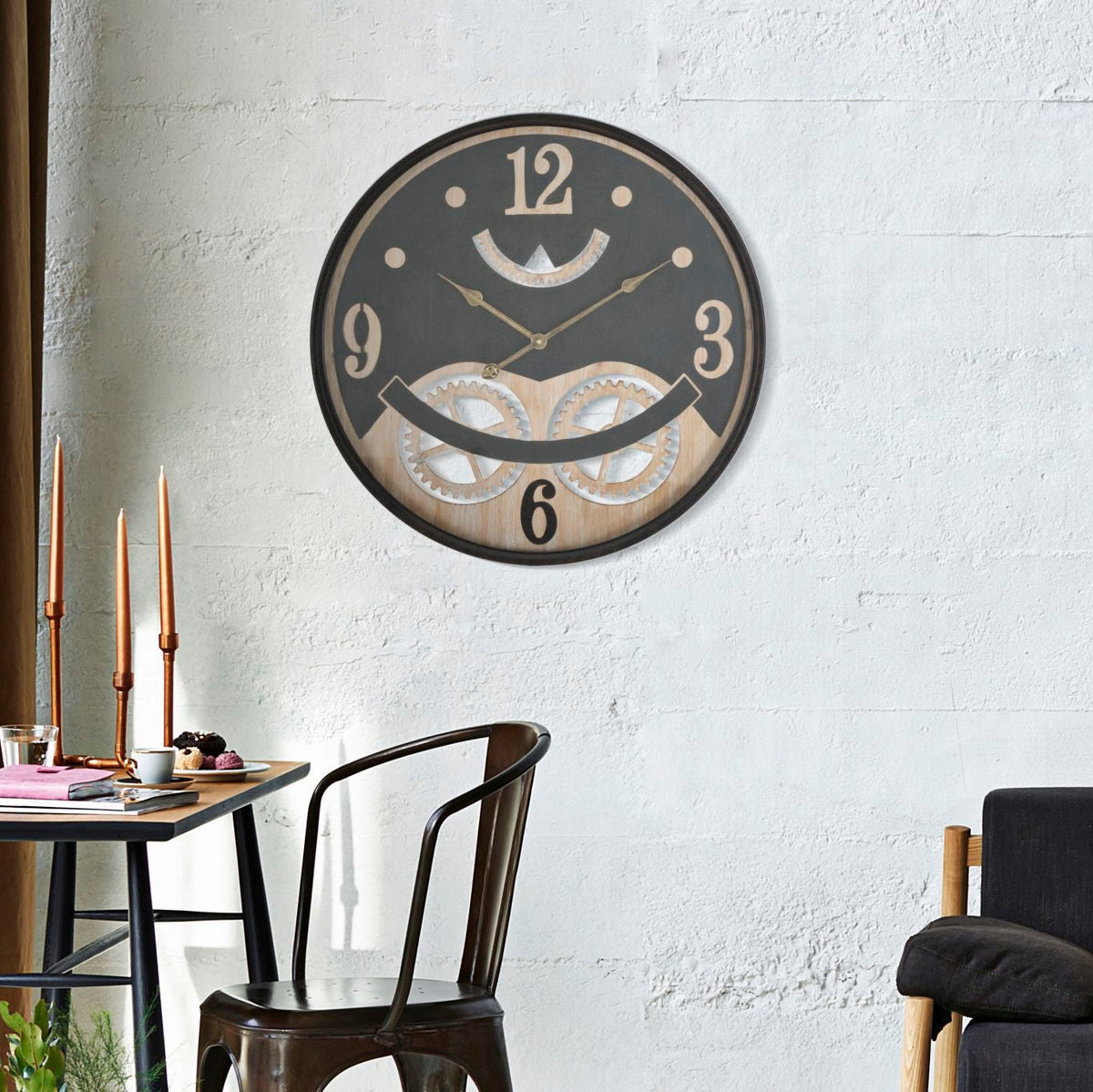 Orologio da Parete Industriale con Ingranaggi Nero e Marrone Ø67 cm