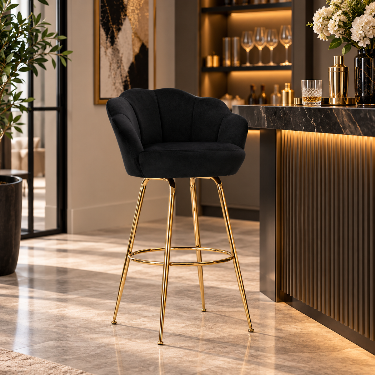 Sgabello Bar Vienna Nero in Velluto 110 cm con Gambe Oro