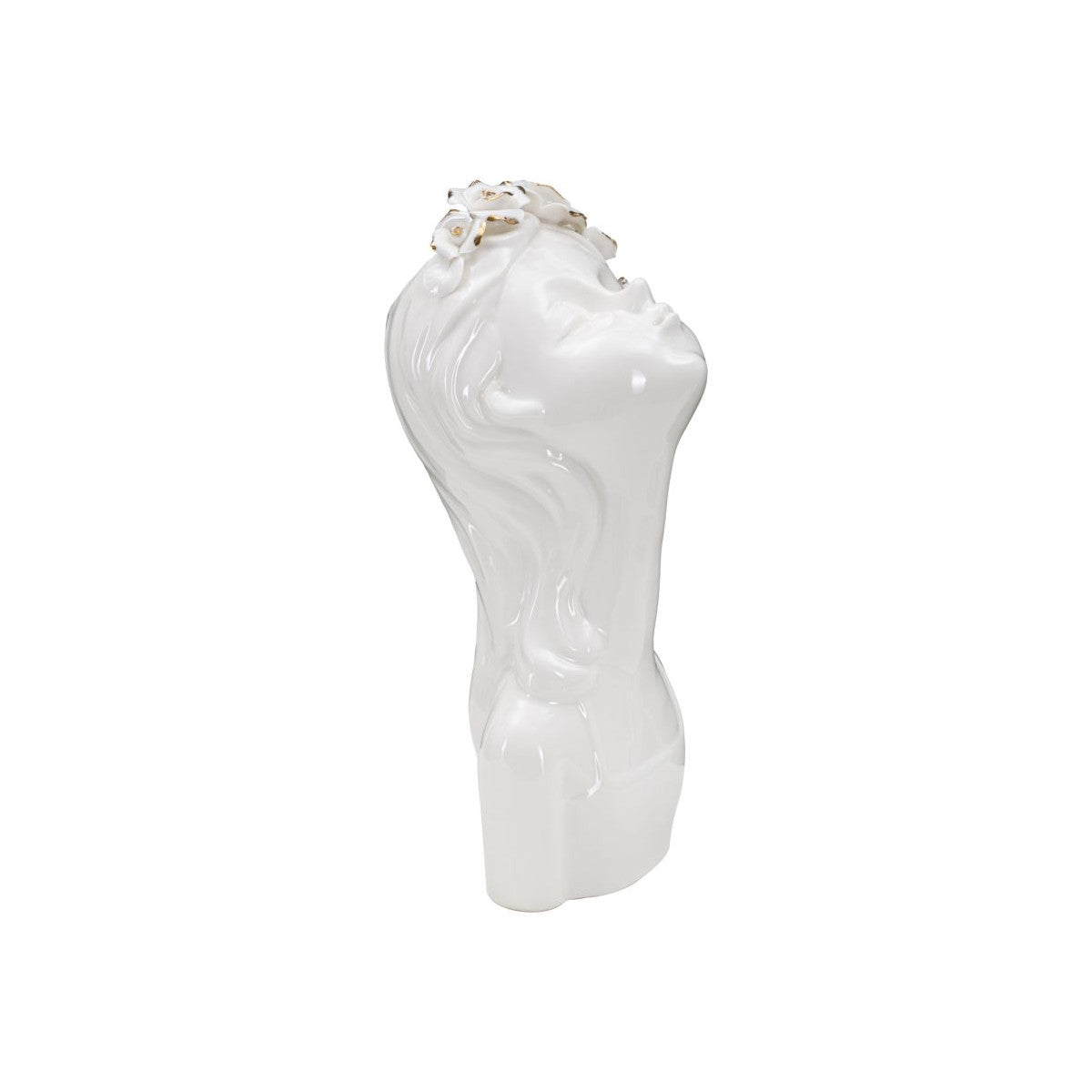 Vaso Decorativo Volto Donna in Porcellana Bianca H26 cm con Fiori e Dettagli Oro