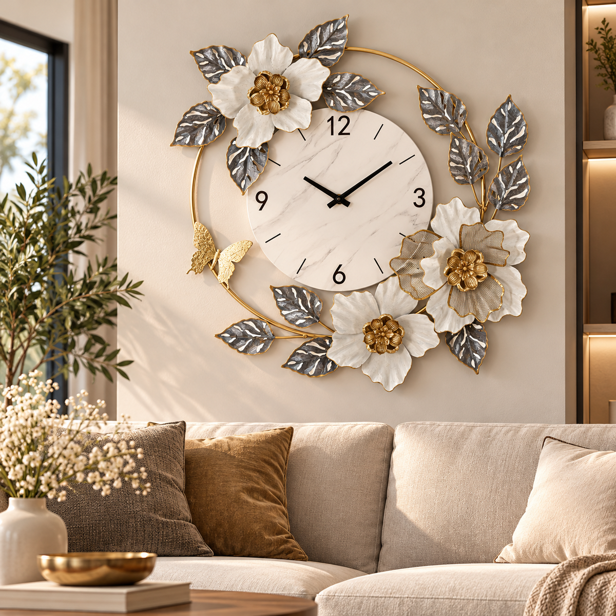 Orologio da Parete Flowers 64x64 cm con Fiori e Foglie Decorativi