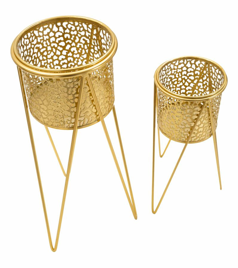 Set 2 Portavasi Oro in Metallo Decorato con Supporto Ø21 e Ø18 cm