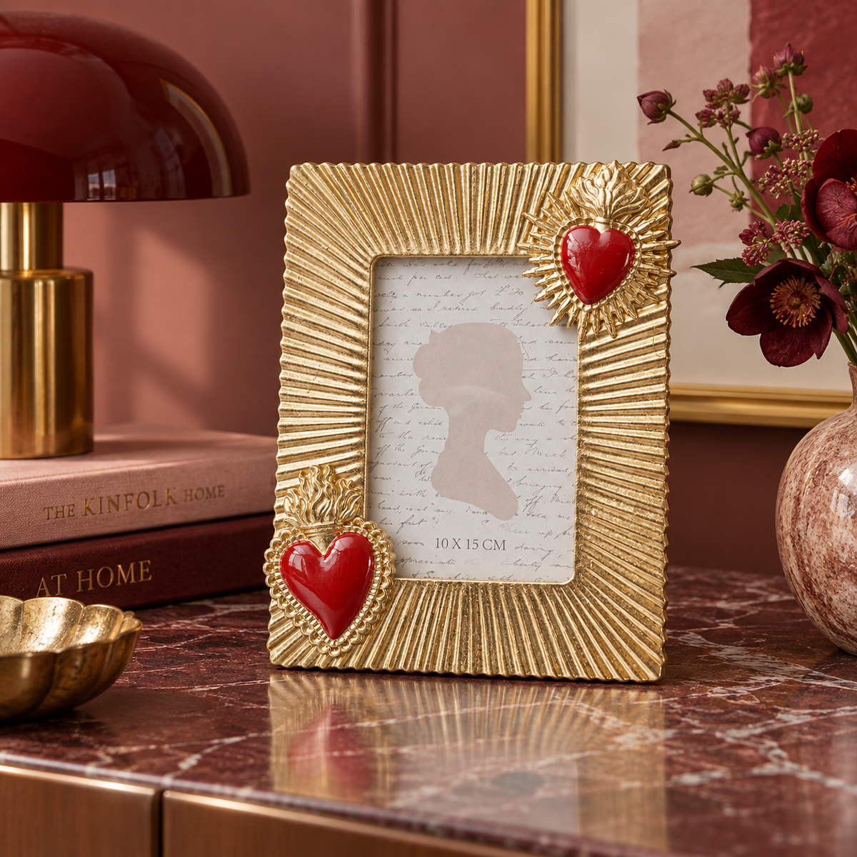 Cornice Portafoto Flaming Heart Due Cuori 10x15cm Sacro Cuore Oro