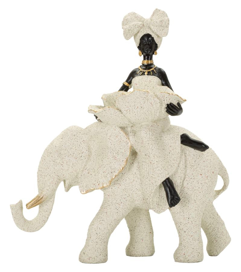 Scultura Etnica Donna Africana su Elefante 50x16x34 cm in Poliresina