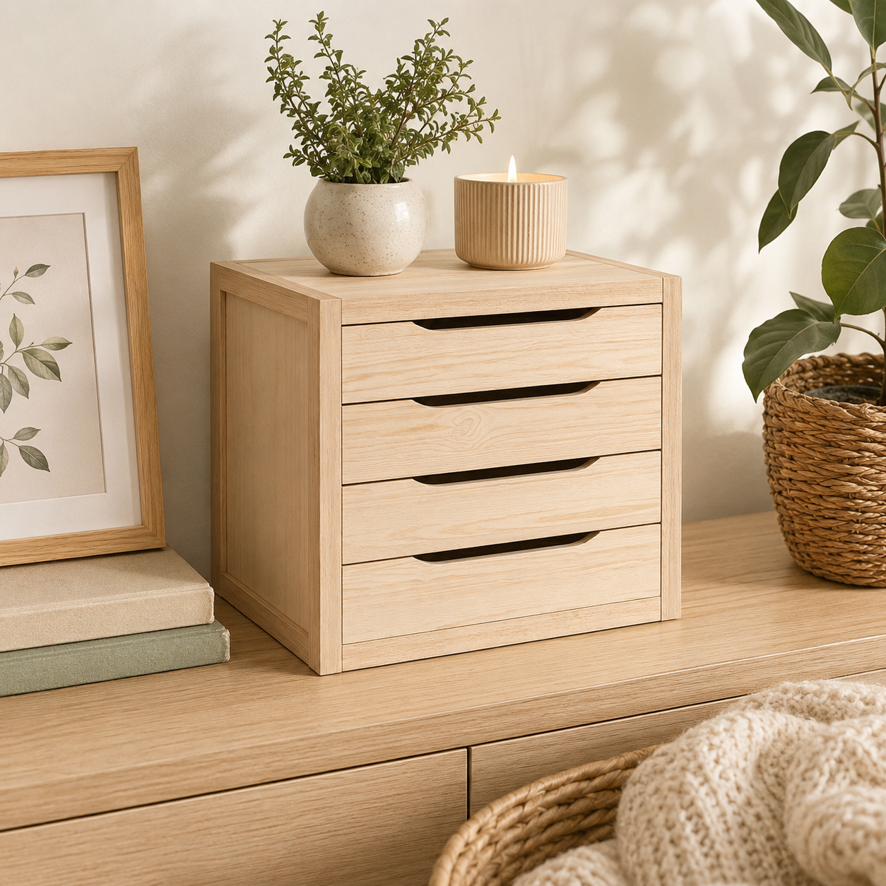 Cassettiera in Legno 4 Cassetti 39x30xH37,5 cm Naturale