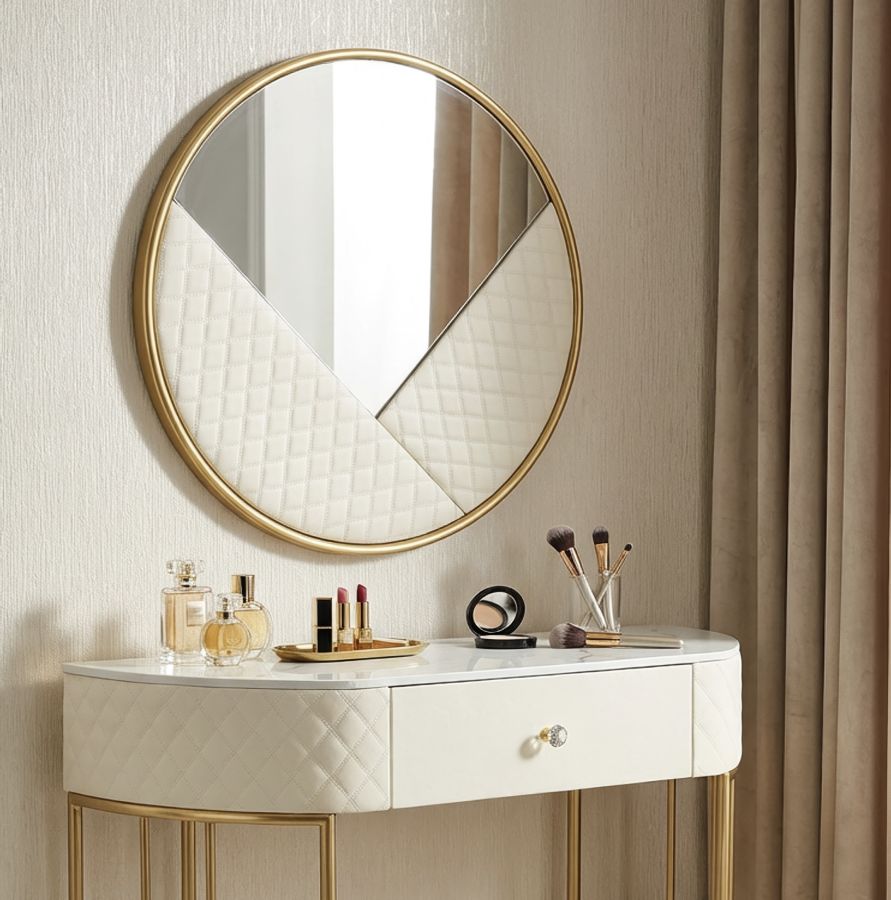 Specchio da Parete Rotondo Ø80 cm Crema e Oro Ecopelle Trapuntata