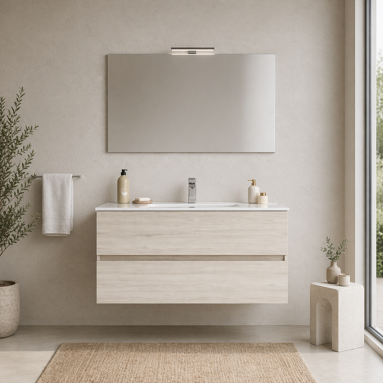 Mobile Bagno Sospeso Easy 2 Cassetti 100 cm Rovere Ghiaccio con Specchio e LED