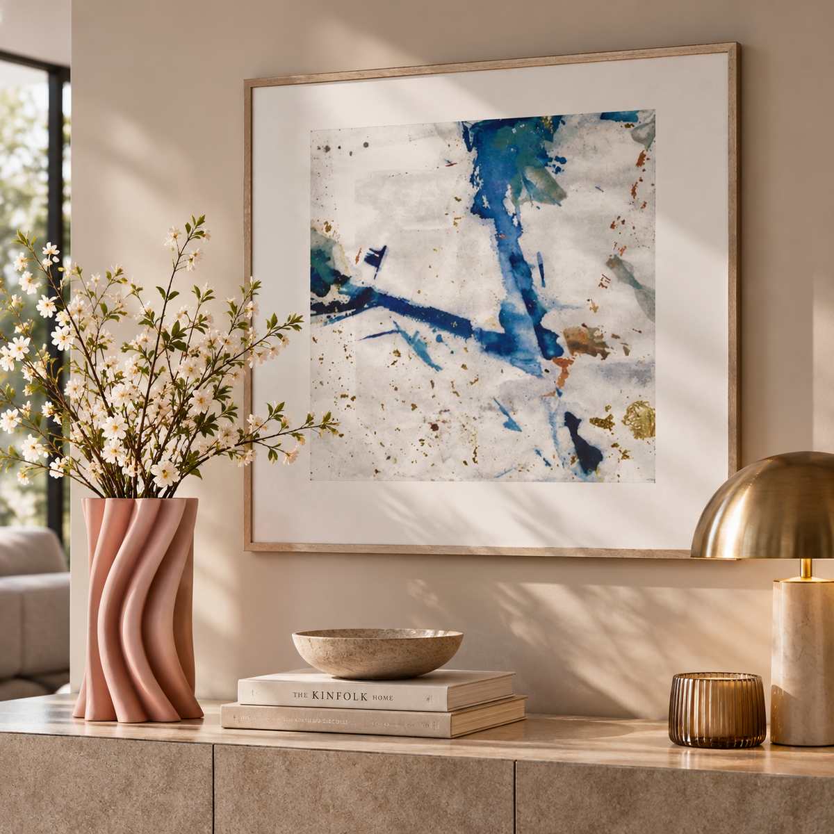 Quadro Astratto Gallery 60x60 cm con Cornice Decorazione da Parete Blu e Oro