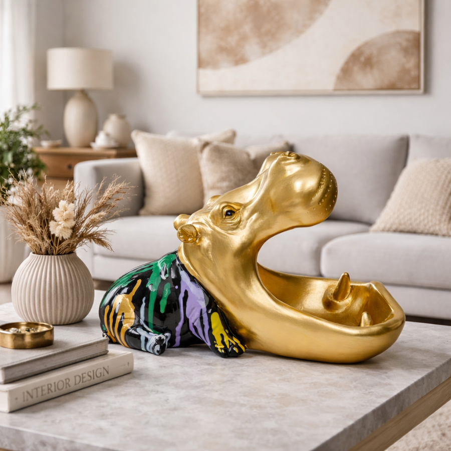 Centrotavola Statua decorativa Di Ippopotamo Hungry Hippo 31 cm Oro In Poliresina