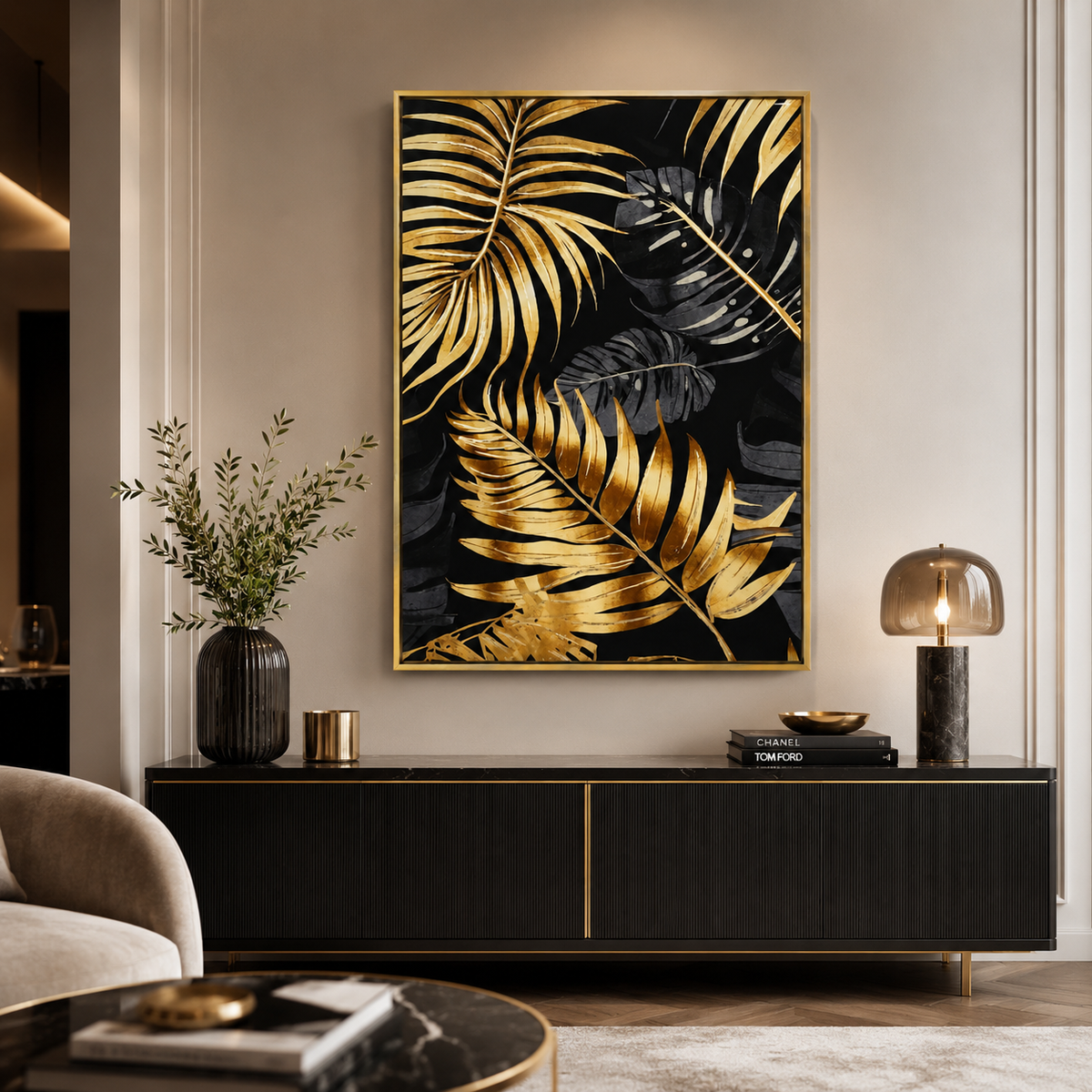 Quadro Decorativo Foglie Tropicali Oro e Nero con Cornice Oro 50 x 70 cm PA/F1001 B/R