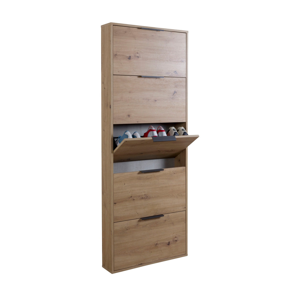 Scarpiera Slim 5 Ribalte 65x15xH174 cm – Bianco e Rovere Artisan