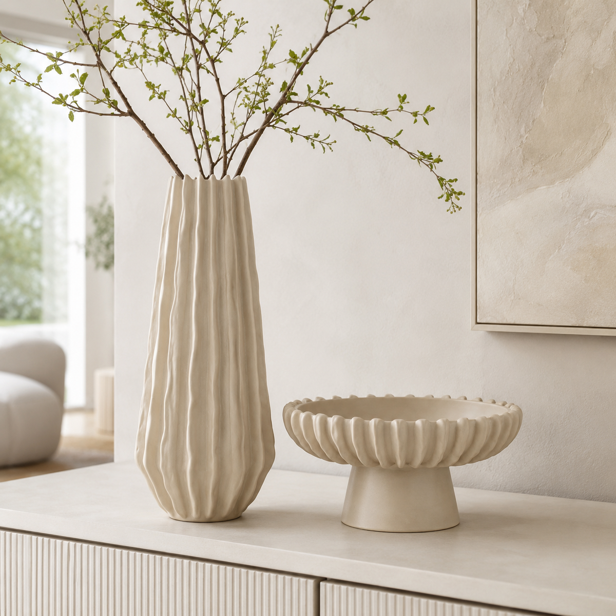 Set Eldar Beige Vaso Alto E Alzata Decorativa