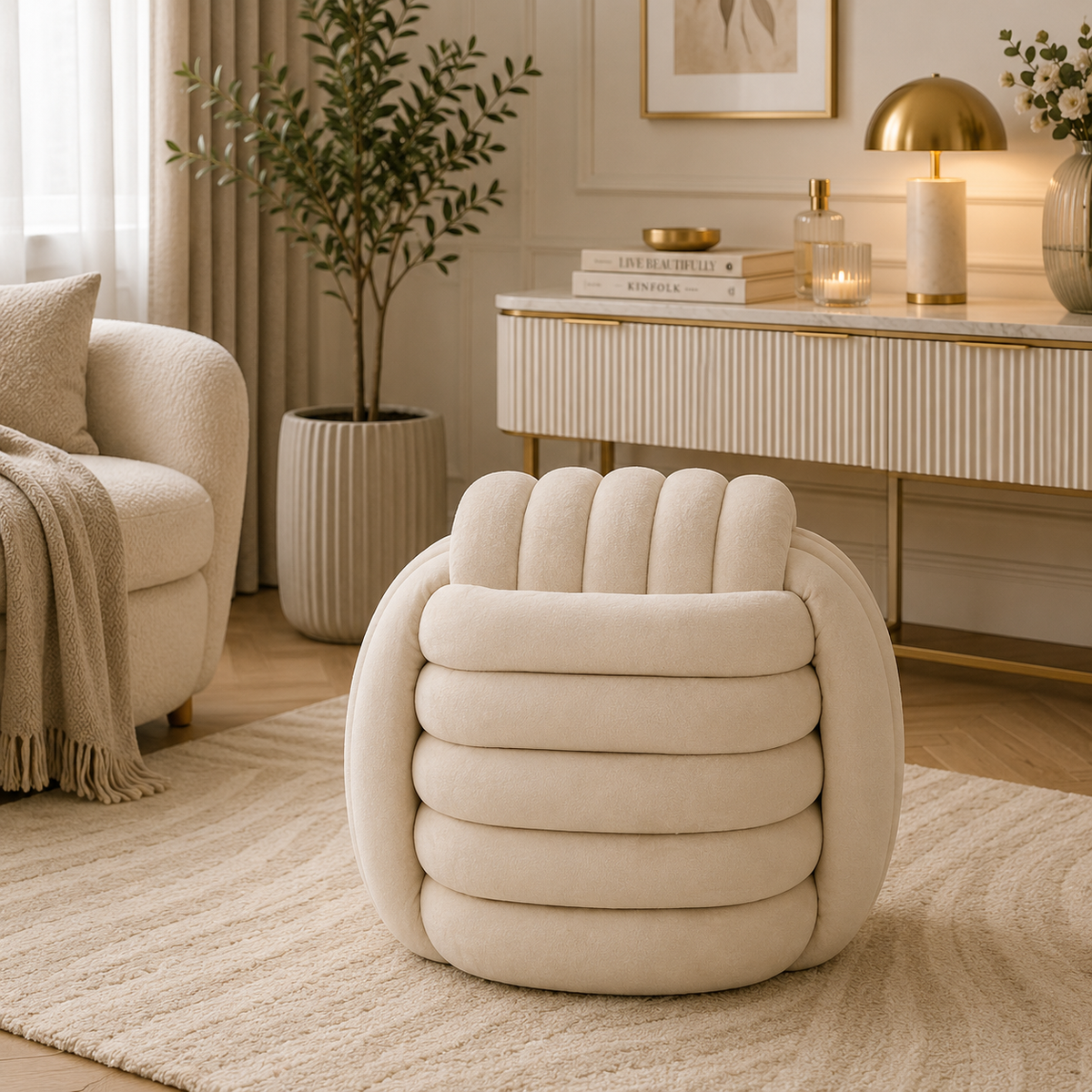 Pouf Annodato in Velluto Crema 45 x 45 cm Seduta Decorativa Elegante