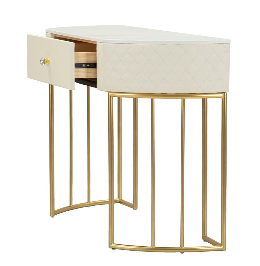 Consolle Sharon 100x40x75 cm Simil Pelle Bianca Trapuntata e Struttura Oro