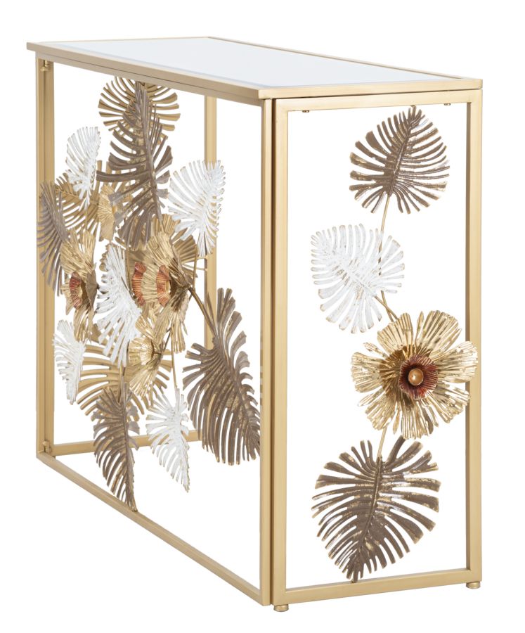 Consolle Glam Floris Oro 113x40x80 cm con Piano a Specchio Design Floreale