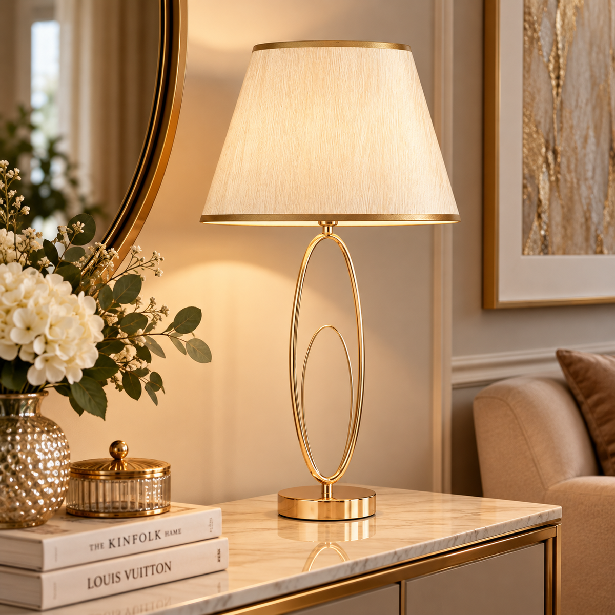 Lampada da Tavolo Glam Flush Ø30x58 cm Dorata con Paralume Beige