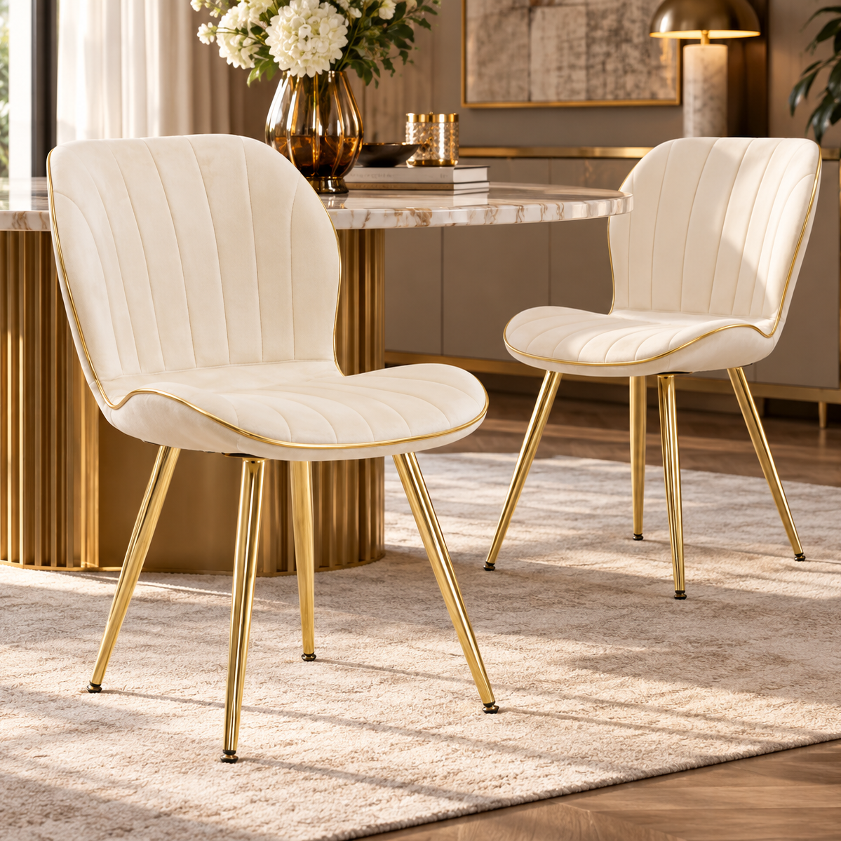 Set 2 Sedie Paris Space Crema e Oro 46x58x77 cm in Velluto Sintetico