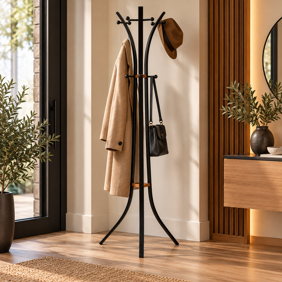 Appendiabiti da Terra X 52x63x183 cm in Metallo Nero e Legno Rovere