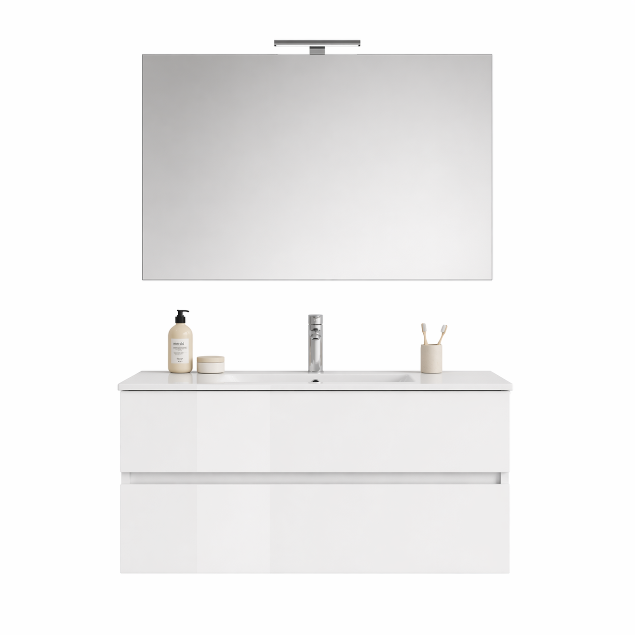 Mobile Bagno Sospeso Easy 2 Cassetti 80 cm Bianco Lucido con Specchio e LED