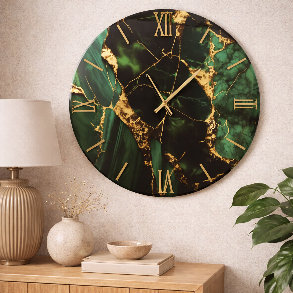 Orologio da Parete Marmo Verde Ø60 cm Dettagli Oro Design Elegante